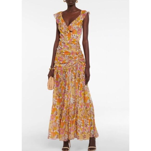 Veronica Beard Alannah Silk Floral Stone Multi Ruched Maxi Dress Size 8 - Picture 2 of 12